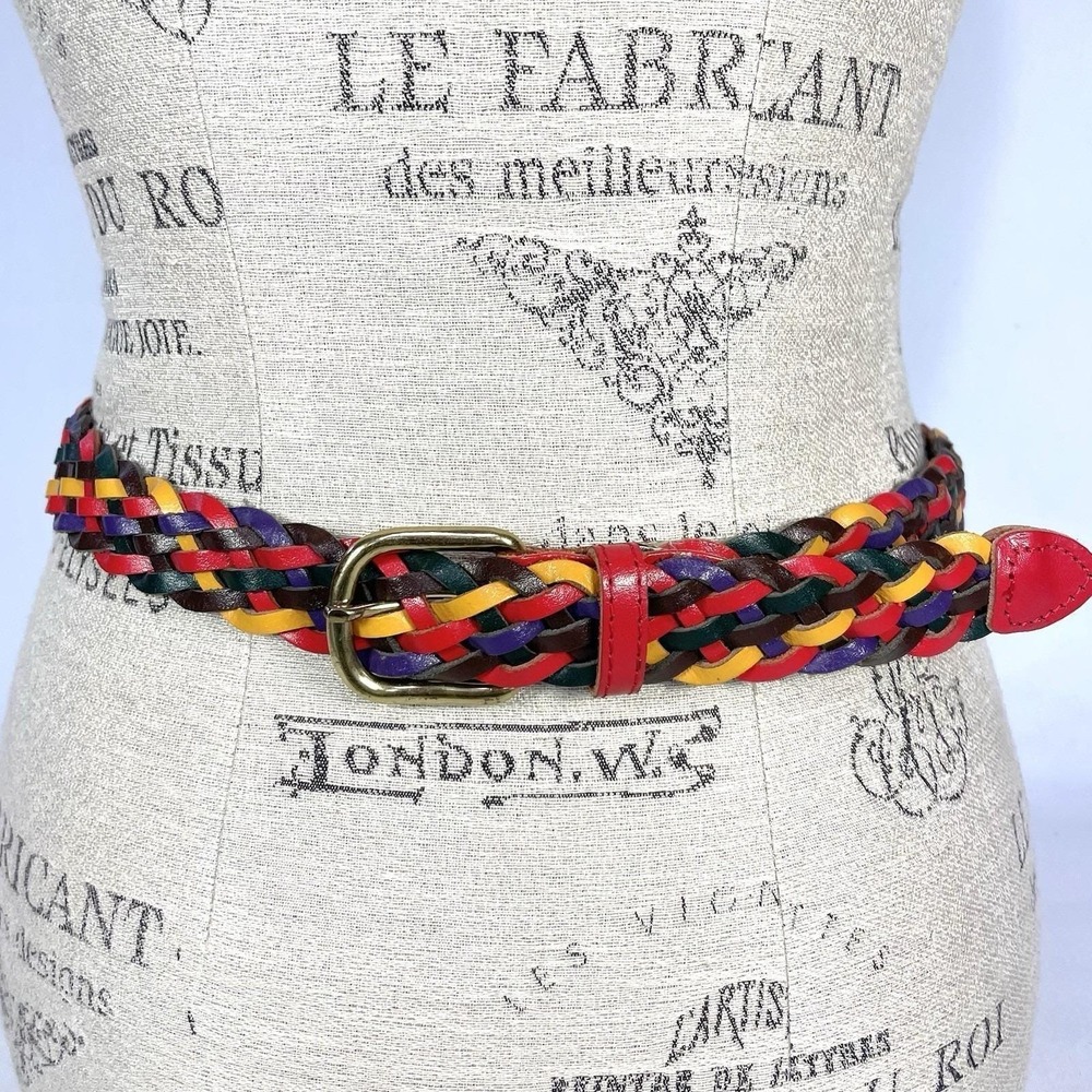 Vintage Rainbow Braided Leather Belt Womens M/L 36 Boho 70s 80s - Picture 2 of 7